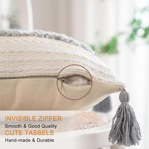 🤍 Set of 2 Boho Woven Pillow Covers 20x20 – Light Grey Tassel Style - Picture 3 of 7